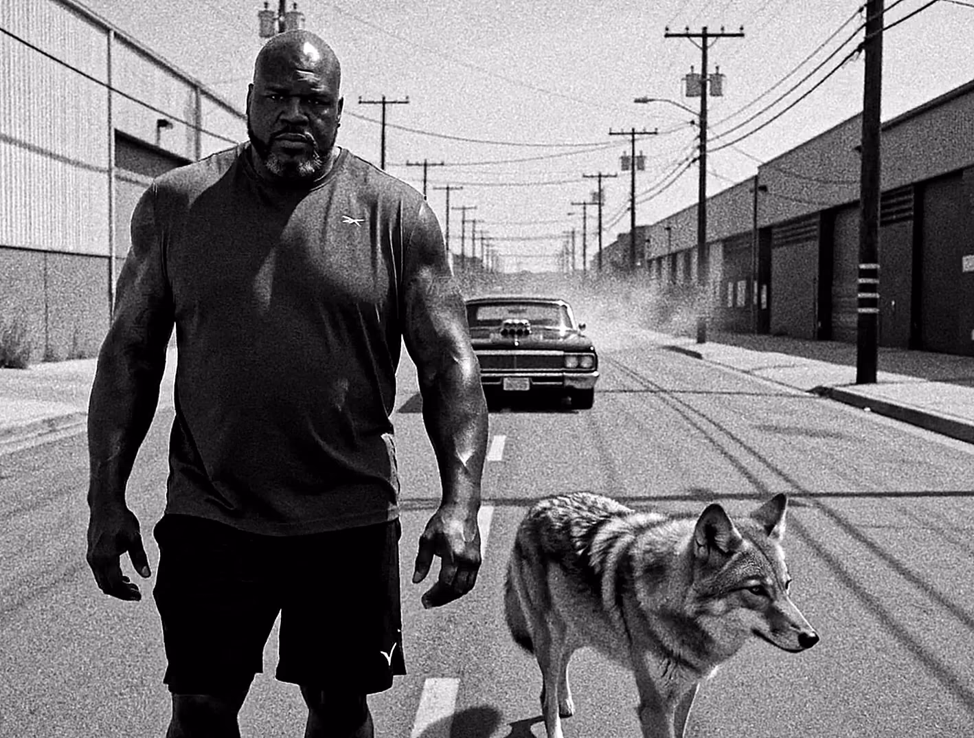 Shaquille O’Neal walking beside a wolf in a monochrome industrial street